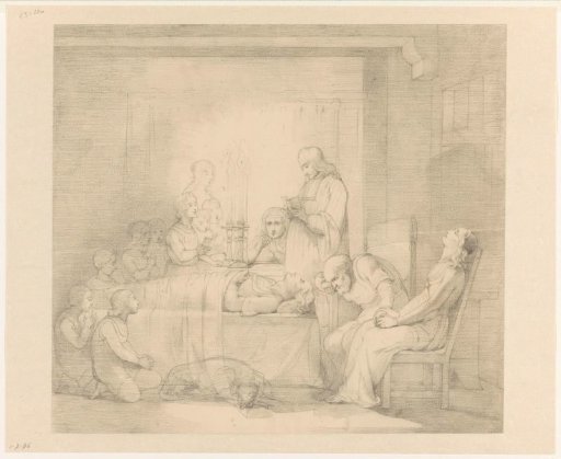 Scene from a medieval story: funeral service at the body laid out in the house