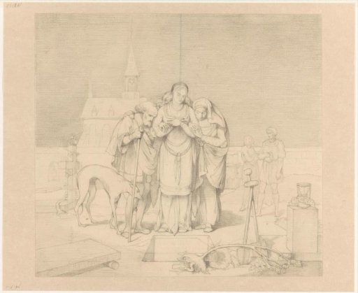 Scene from a medieval story: the parents and wife of the deceased around the still open grave