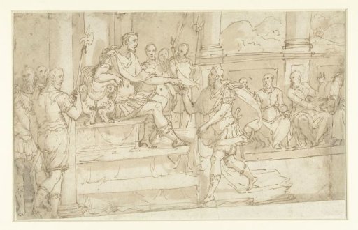 Field marshal entering a council before his prince