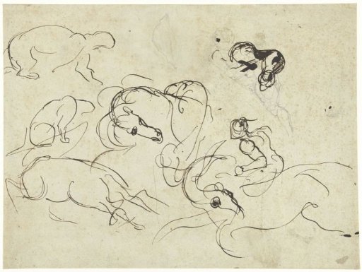 Sketch sheet with rider, horses and panther over a figure study