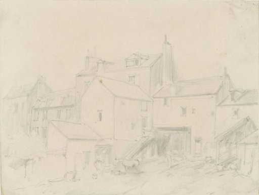 Back of houses, with a horse resting in a courtyard