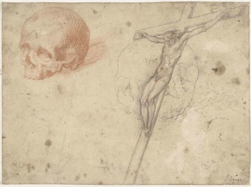 Sketch of a crucifix and a skull