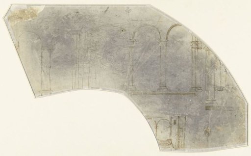 Fragment van een schetsblad met ontwerpen van interieurs en architectuurstudie