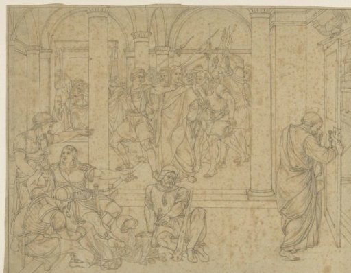 Peter denies Christ, depicted in the hall of the courthouse