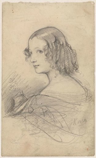 Portrait of a young woman with ringlets, facing left