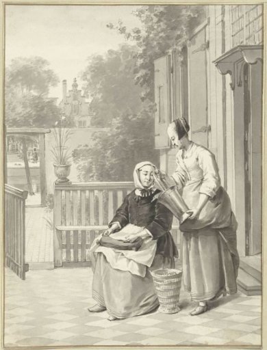 Lady with a kitchen maid in front of a house