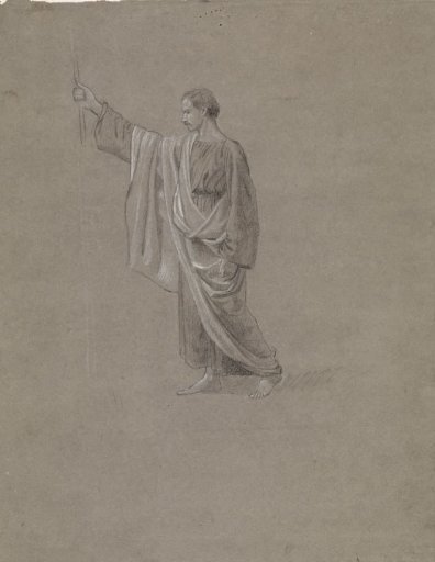 Standing man with a staff, facing left