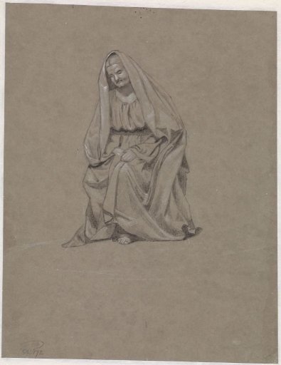 Seated woman with a cloak over her head