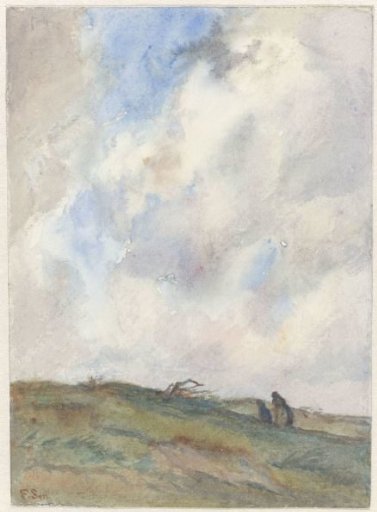 Dune landscape in a storm with two figures