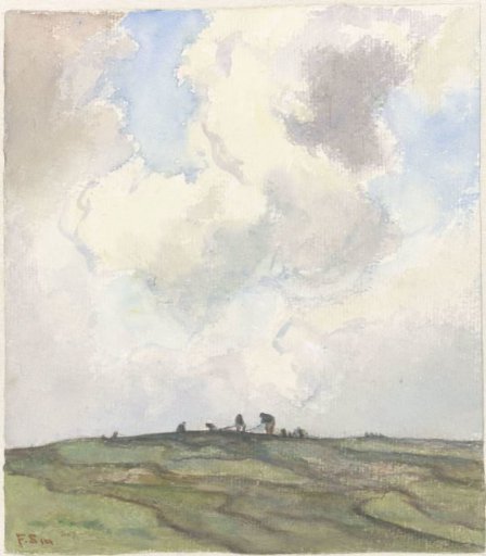 Mending of nets on a meadow behind the dunes
