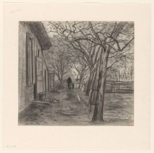 Farmyard with trees, woman and child