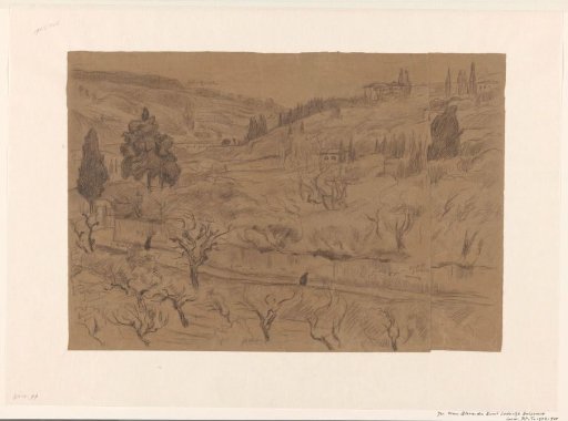 Italian hilly landscape with houses and trees