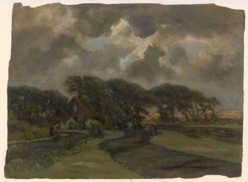 Cottage near tree line and women with fishing nets