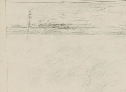 Seaside view with a pier and a figure at the high-water mark