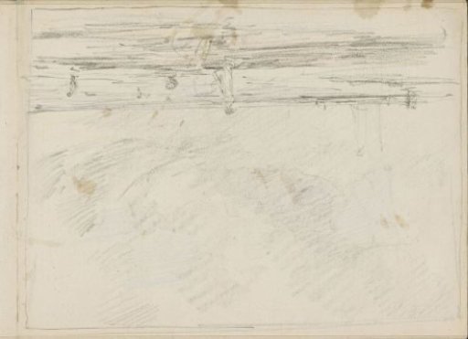 View of a spit of land with figures in and by the water