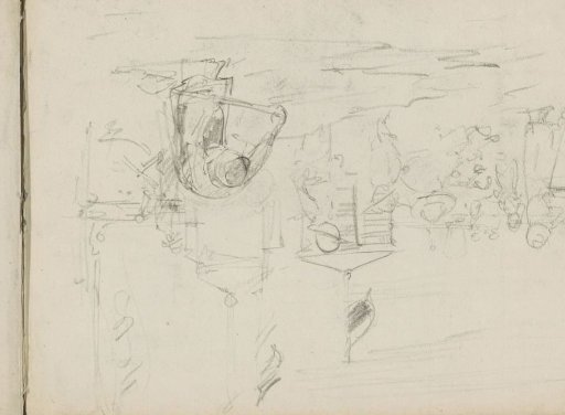 Beach scene with figures and bathing huts