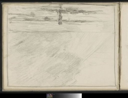 Seaside view with a standing figure at the high-water mark
