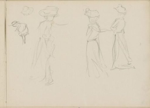 Figures, including a woman in a long gown with a hat