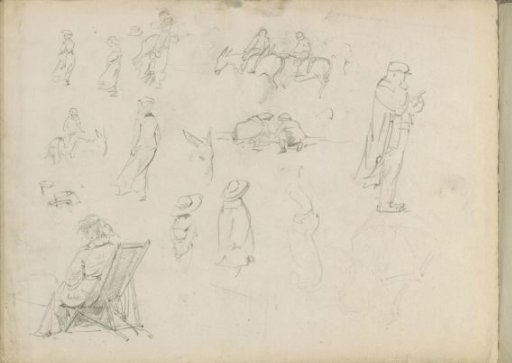 Study sheet with horse riders and beachgoers