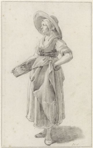 Standing woman with a hat carrying a basket