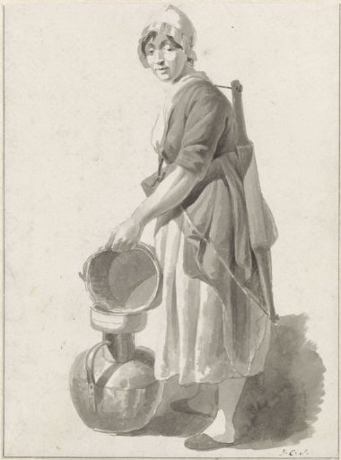 Standing milkmaid pouring milk into a copper jug