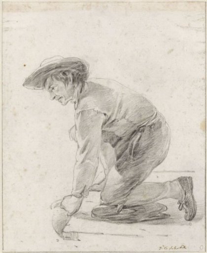 Kneeling man with a hat, letting water run into a jug