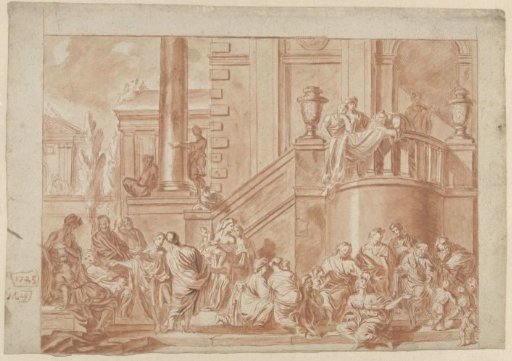 Ancient philosopher (?) followed by a large company before a palace