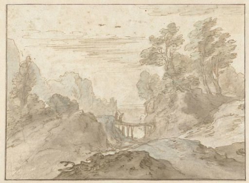 Mountain Landscape with Two Figures on a Narrow Bridge