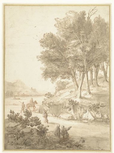 Italianate Landscape with Figures along a Road and a River in the Background