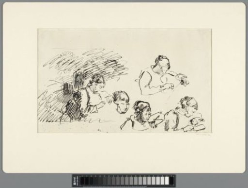 Sketch sheet with studies of a sewing woman