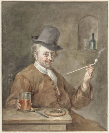 Man smoking a pipe at a table with a plate, a knife and a glass