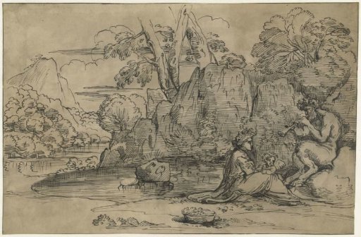 Landscape with a flute-playing satyr, woman and putto