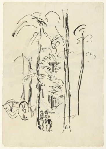 Pine forest, with two walking ladies