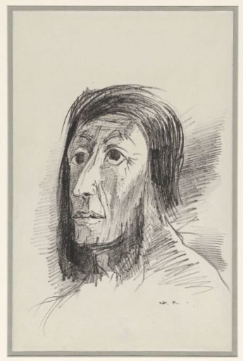 Head framed by black hair with widely opened eyes