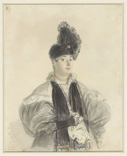 Portrait of a standing lady with black shawl and black hat