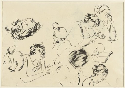 Studies of a reading woman and a playing cat