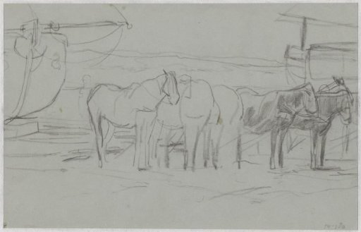 Waiting horses by bomb ketches on the beach