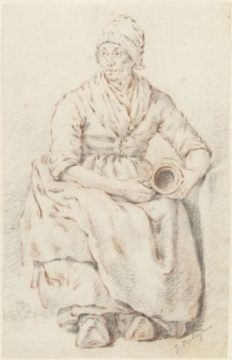 Seated old woman wearing clogs and a jug on her lap