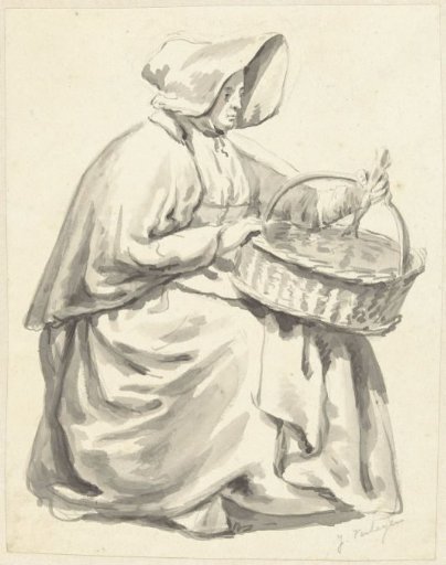 Seated woman with wide hood and a basket on her lap, facing right