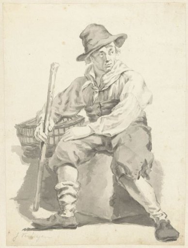 Seated man with hat, a stick in his hand and a basket