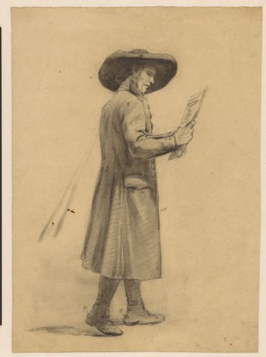 Walking, reading man with a large hat