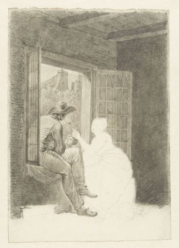 Man, woman and child in conversation by an open window