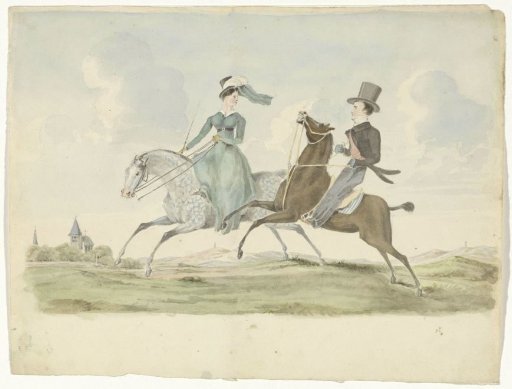 Man and woman on horseback in a landscape