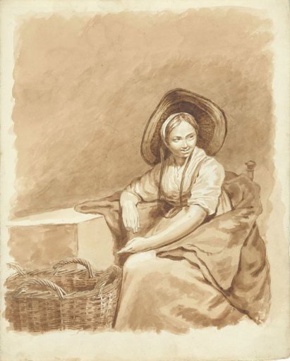 Seated girl with a large hat and a basket