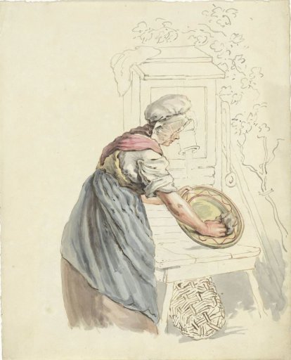 Maid washing a bowl at a water pump