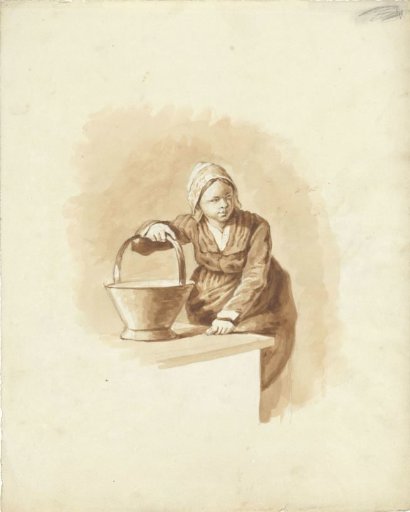 Girl with a bucket standing beside a table