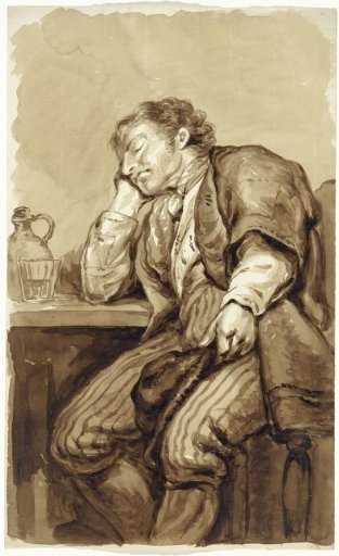 Sleeping man, seated at a table