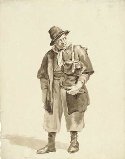 Standing man with a boot in his hand