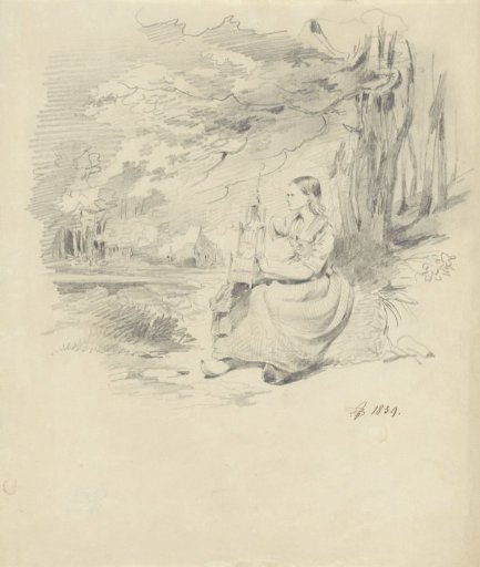 Girl with a birdcage, seated in a landscape