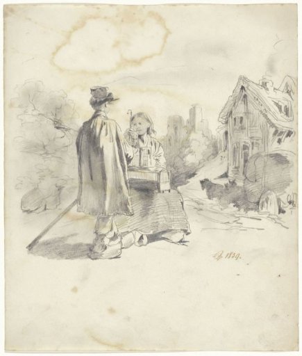 Standing boy beside a seated woman in a landscape